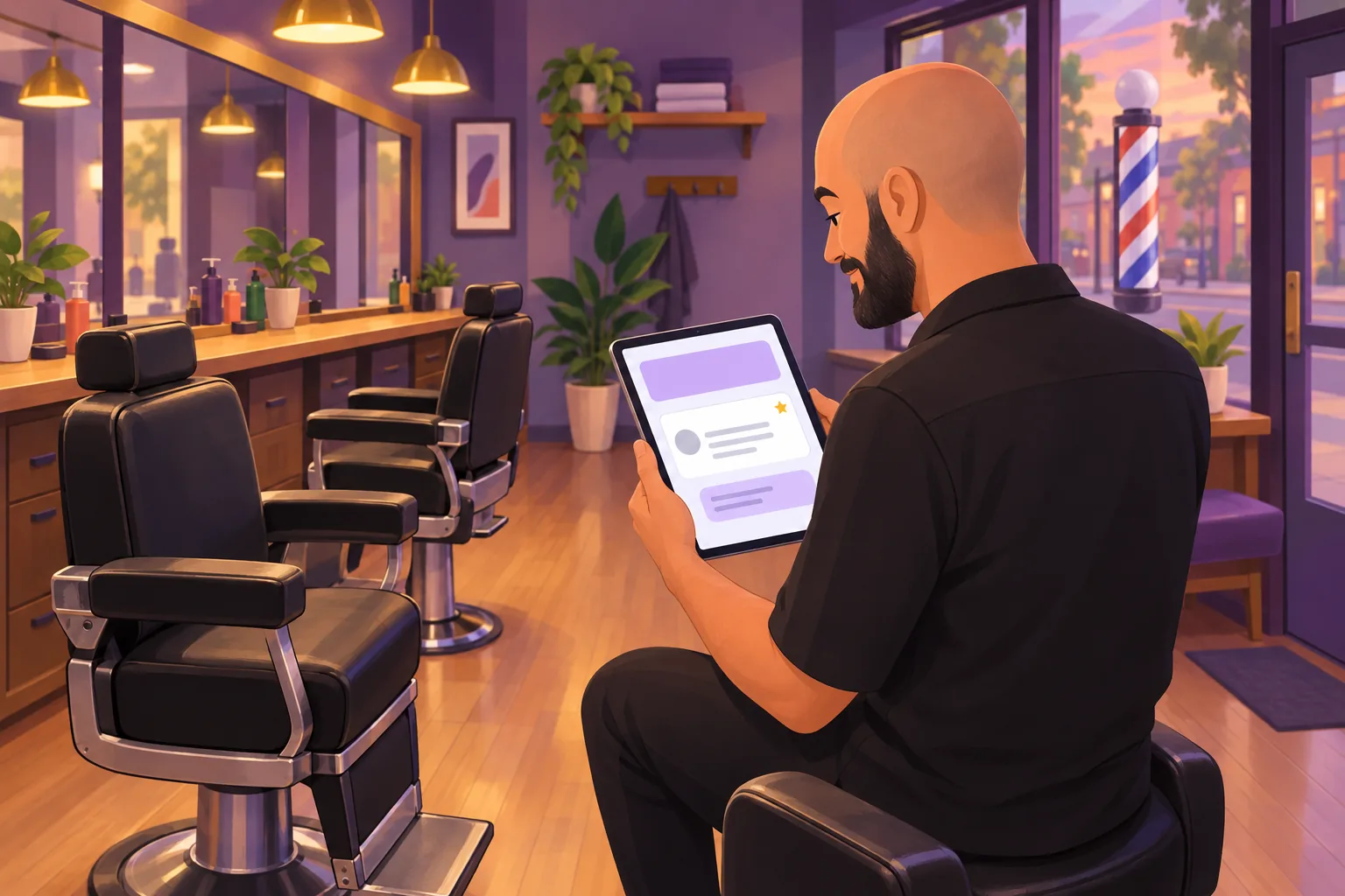 Barber at closing time typing a calm reply beneath a review card on his tablet, the shop quiet behind him