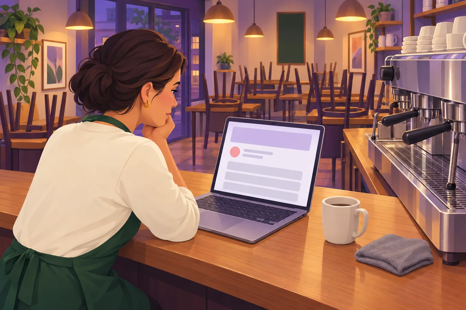Cafe owner at closing time studying her Yelp business listing on a laptop, weighing whether to leave the platform