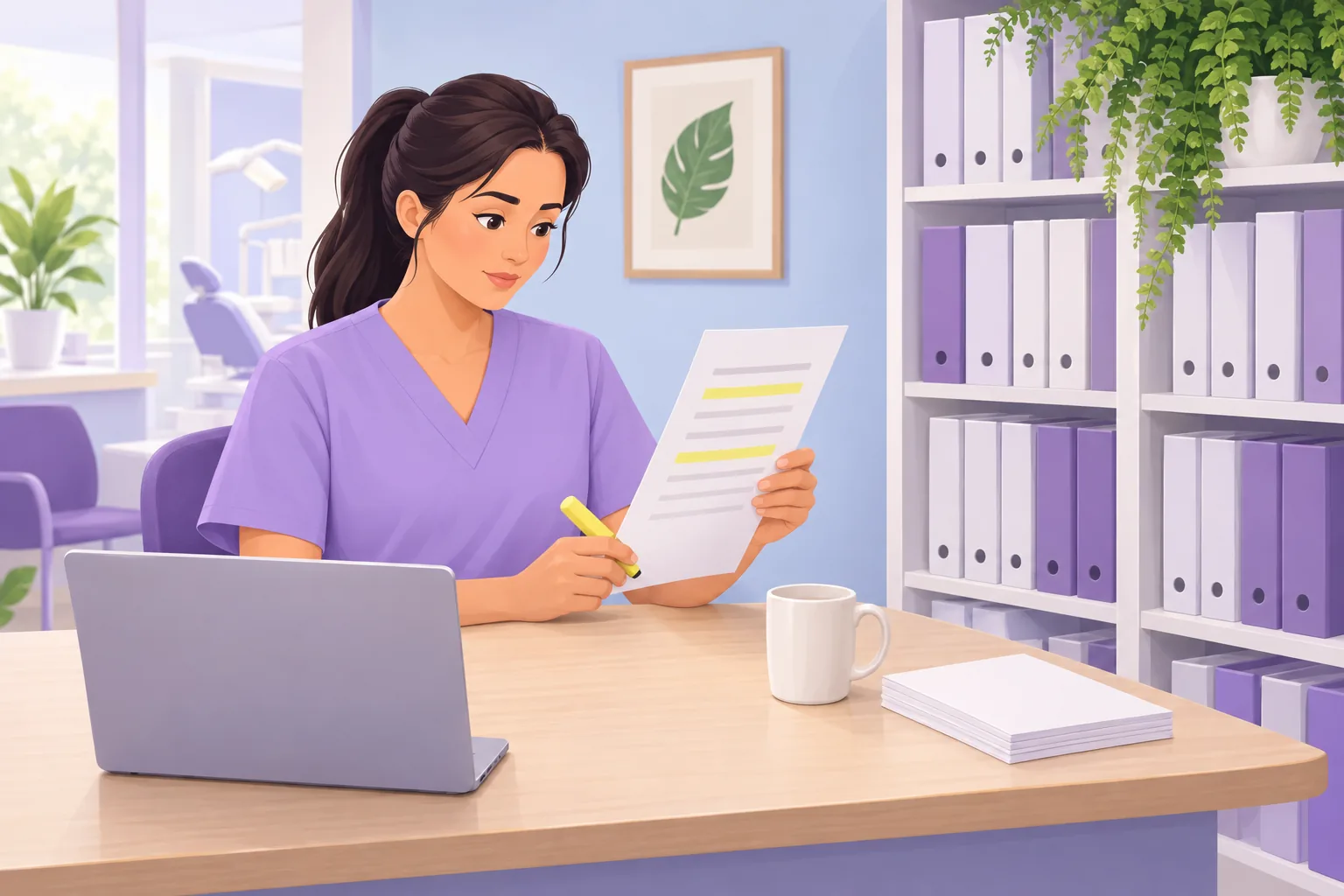 Dental office manager at reception reading a printed policy page with a highlighter in hand