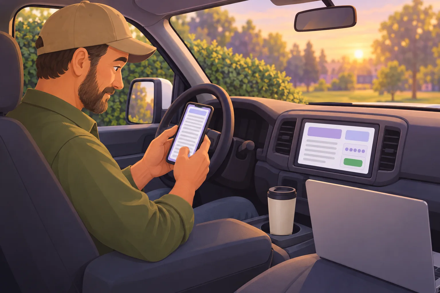 Landscaper in a truck cab reading a long document on his phone at the end of the day