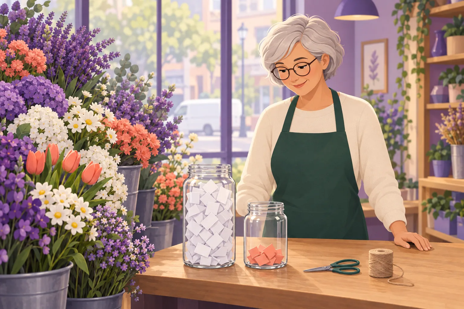 Florist at her counter looking at two jars of paper slips, one tall jar packed with white slips and a short jar with a few coral ones