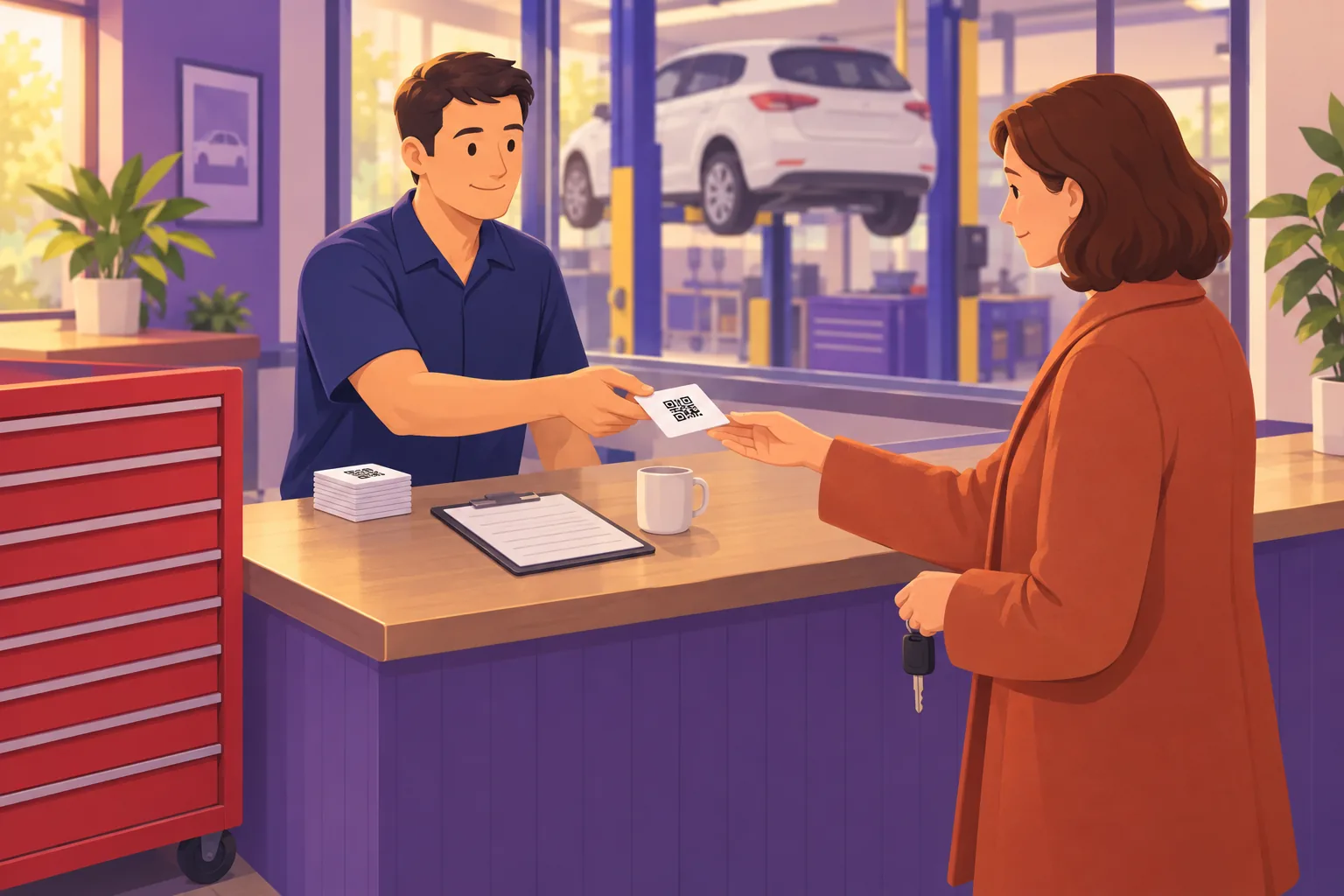 Auto shop service writer handing a plain card with a QR code to a customer, with a stack of the same cards on the counter