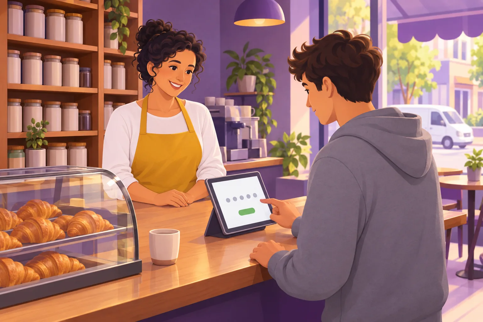 Cafe owner watching a customer tap a rating on a counter tablet that shows one green button, the same for every score