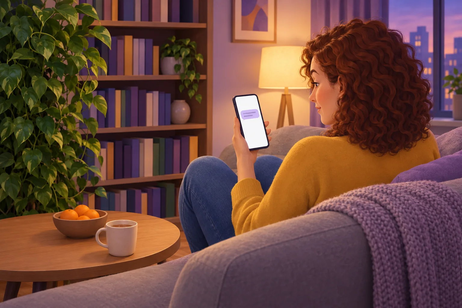 Woman on her sofa at home in the evening, glancing at a single new email notification on her phone