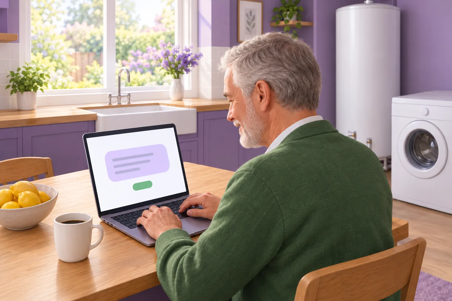 Retired man at his kitchen table typing a reply on his laptop, a newly installed white water heater behind him