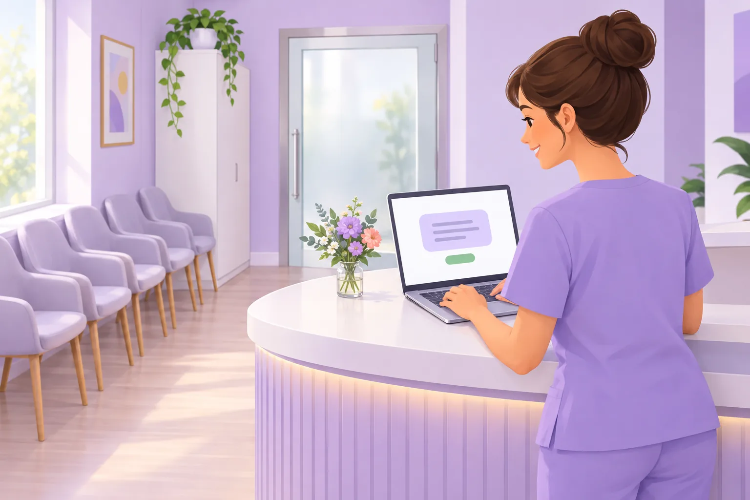 Dental front-desk coordinator at a bright clinic reception desk, smiling as she writes a short email on her laptop