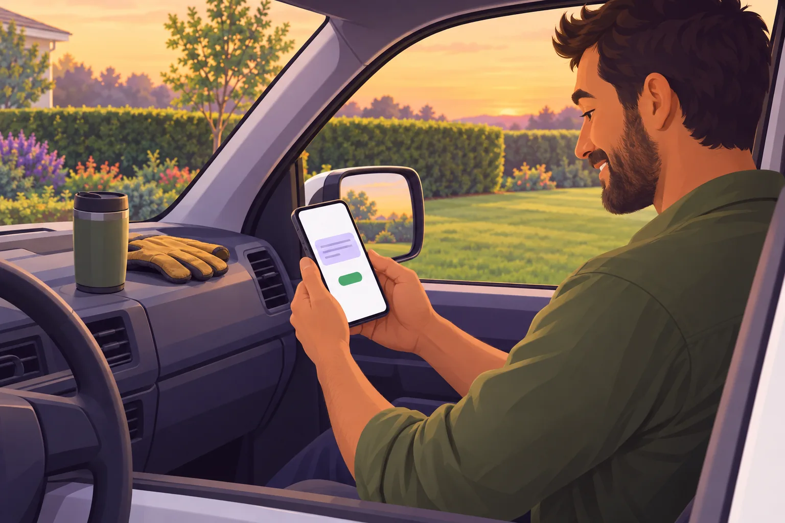 Landscaper in the cab of his plain white pickup at the end of the day, tapping a short email on his phone