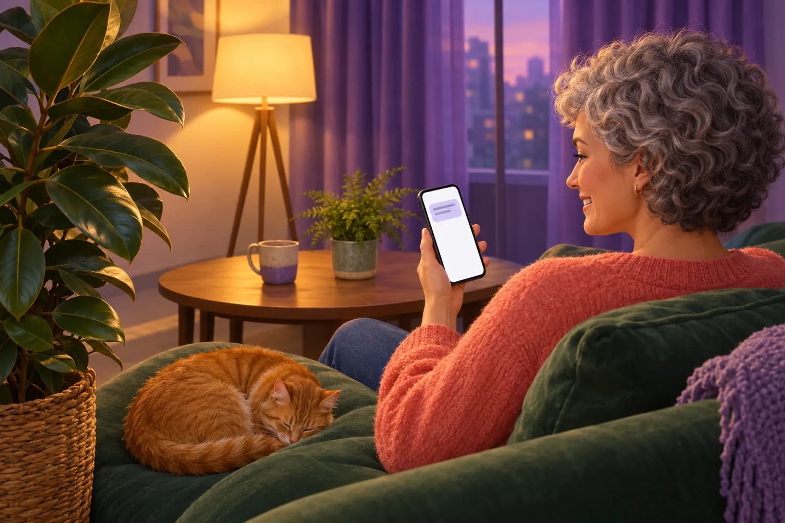 Customer relaxing on her sofa at home, smiling as she reads a review request text message on her phone