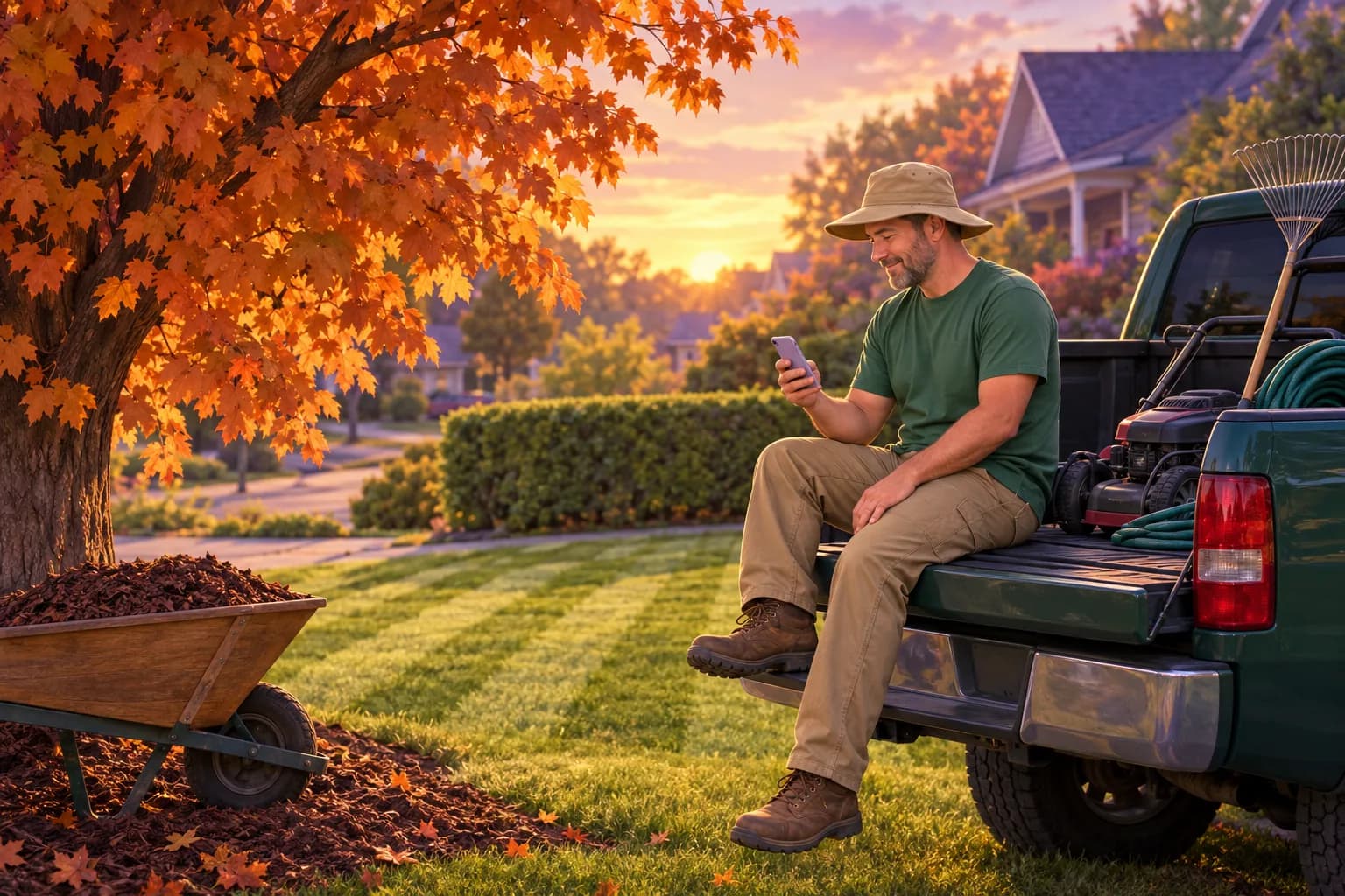 Landscaper sitting on the tailgate of his truck at the end of the day, calmly checking his phone