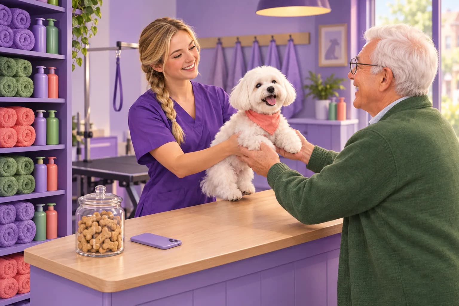 Dog groomer handing a freshly groomed dog back to its delighted owner across the front counter