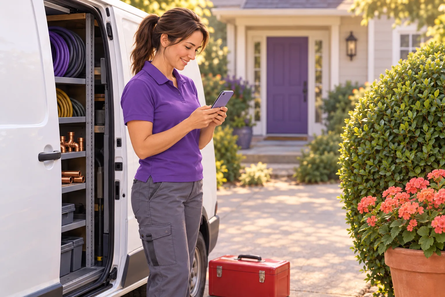 Plumber standing beside her van in a customer's driveway, typing a review request text message on her phone
