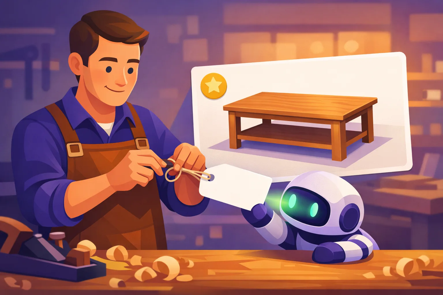 Woodworker attaching a neat machine-readable tag to his product while a small crawler robot reads it