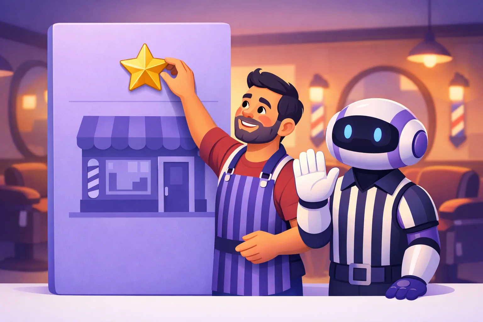 Barber trying to pin a gold star onto his own shop's review card while a friendly robot referee gently declines