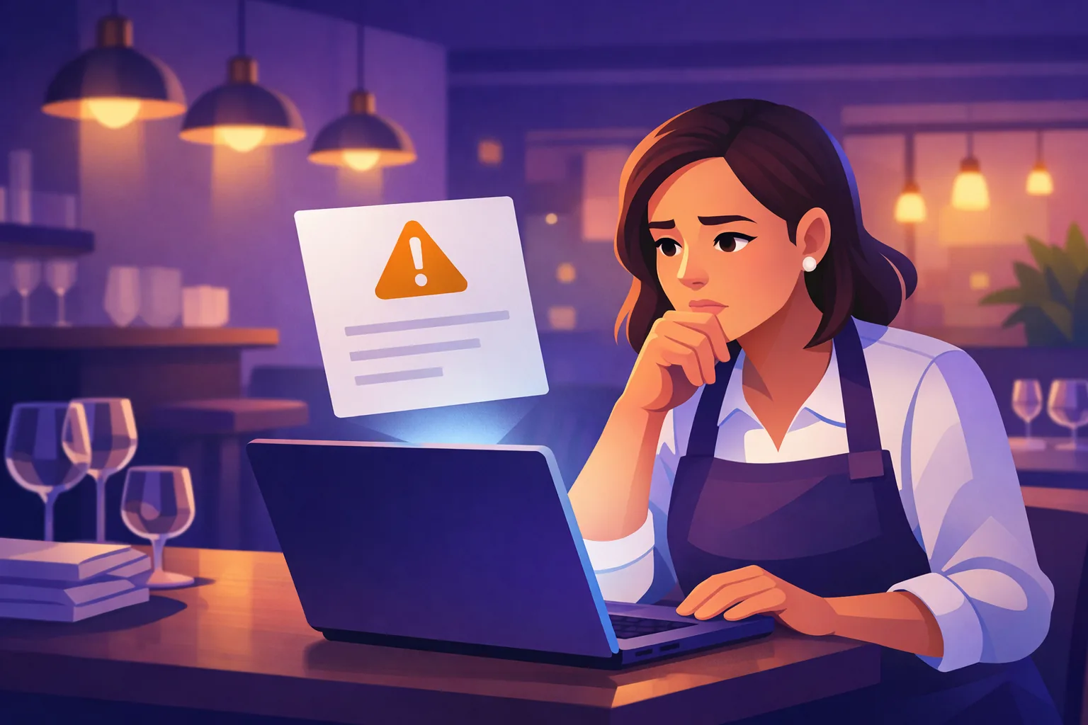 Restaurant owner reading a caution notice that floated out of her website's code