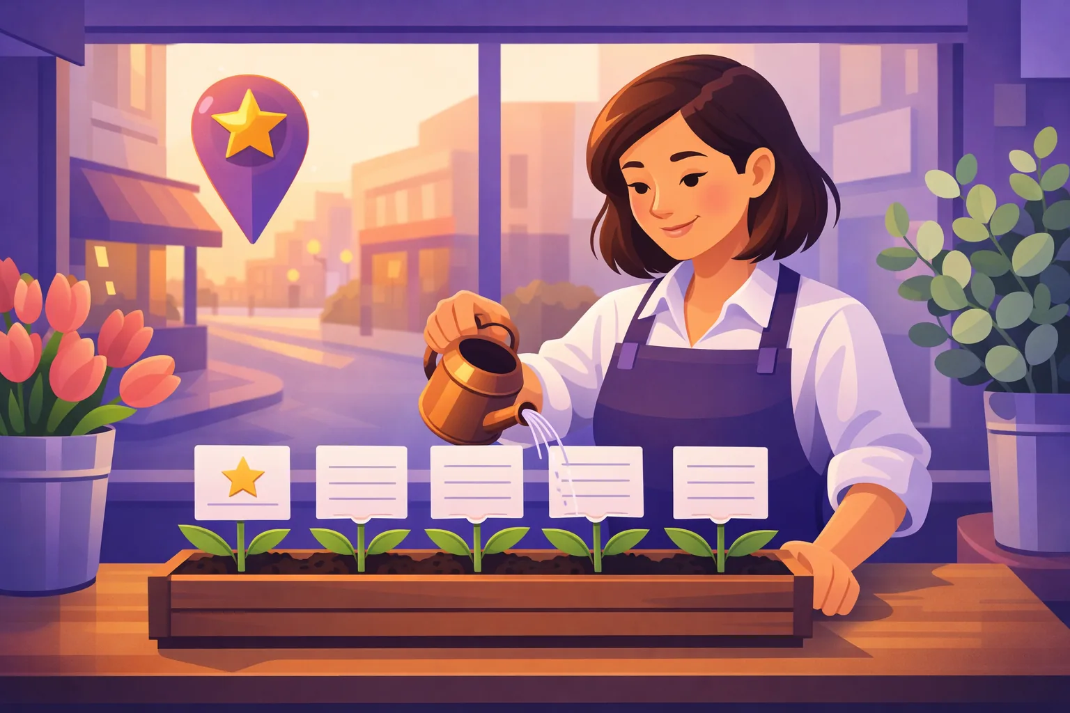 Florist watering her Google reviews like plants while a map pin with one gold star grows brighter outside