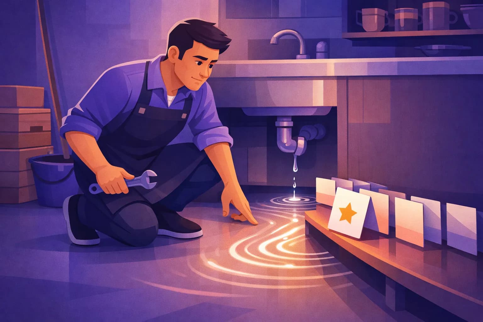 Shop owner noticing a small water leak sending ripples toward a shelf of review cards