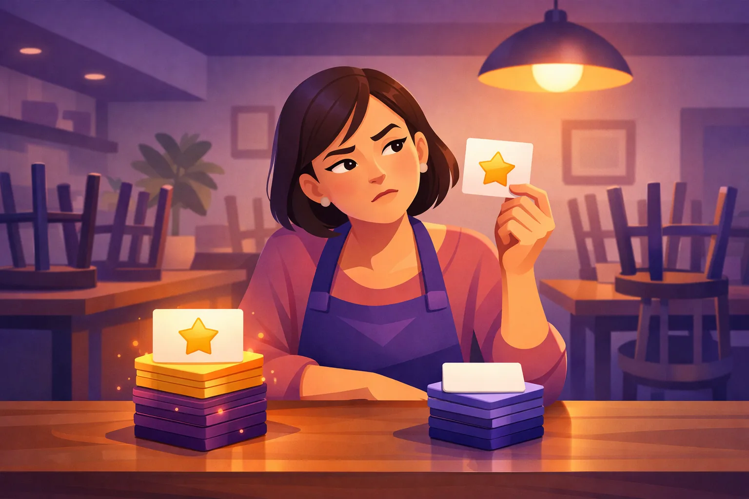 Cafe owner comparing a warm glowing stack of older reviews with a cooler recent stack