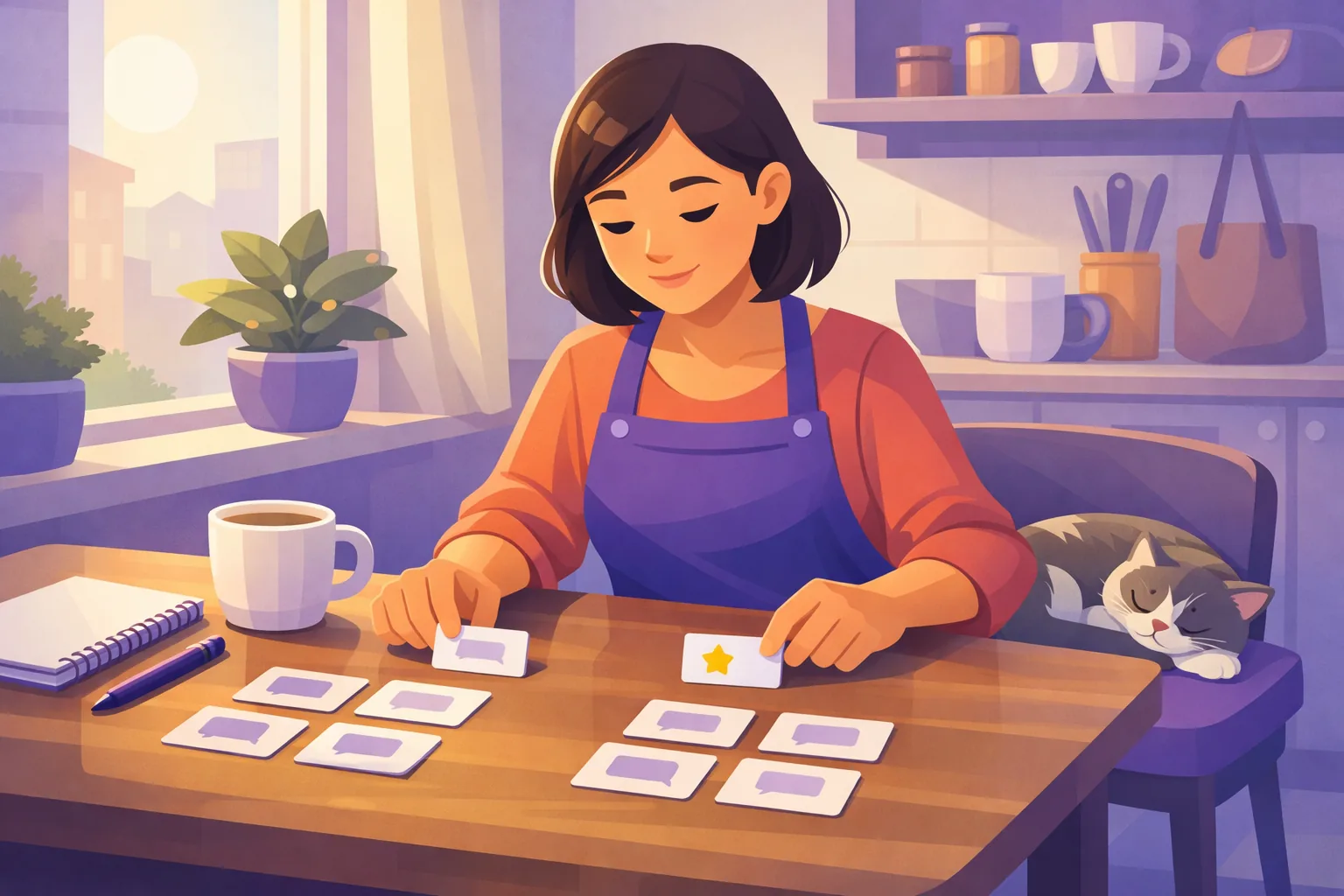 Business owner doing a quiet morning review check with coffee, laying cards into two neat rows