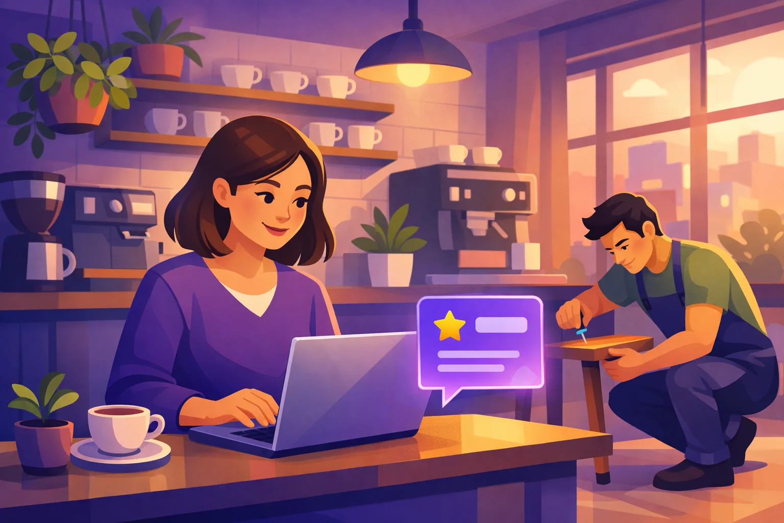 Owner replying to a review on a laptop while a colleague fixes a wobbly cafe table nearby