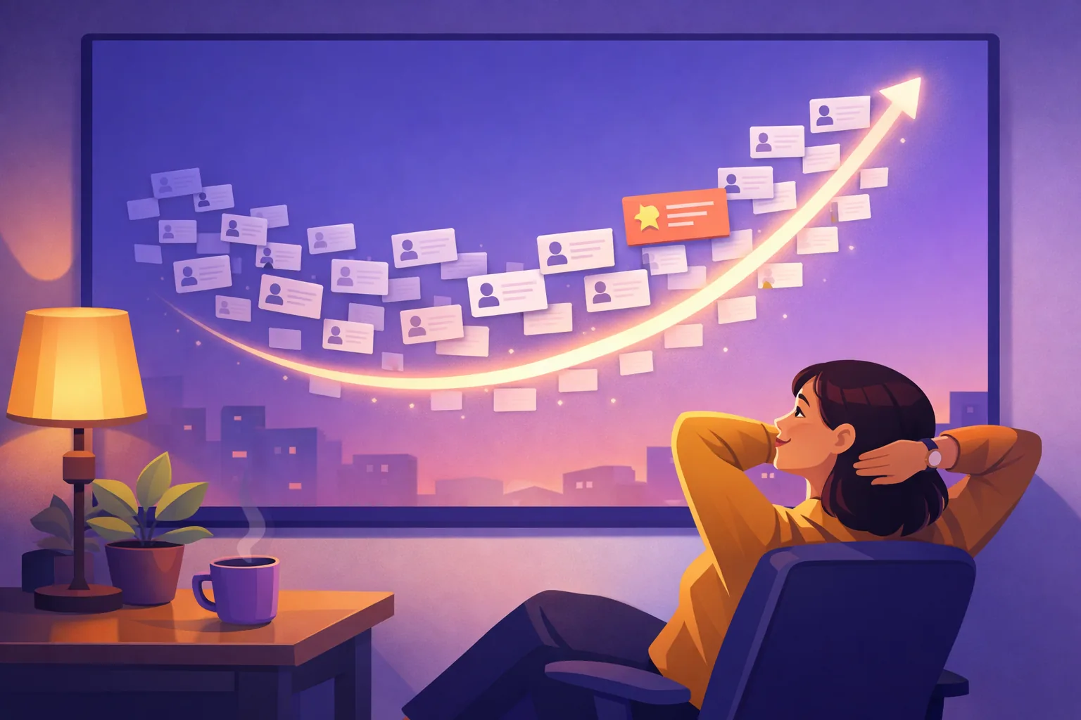 Relieved owner watching scattered review cards organize themselves into a gentle trend curve on screen