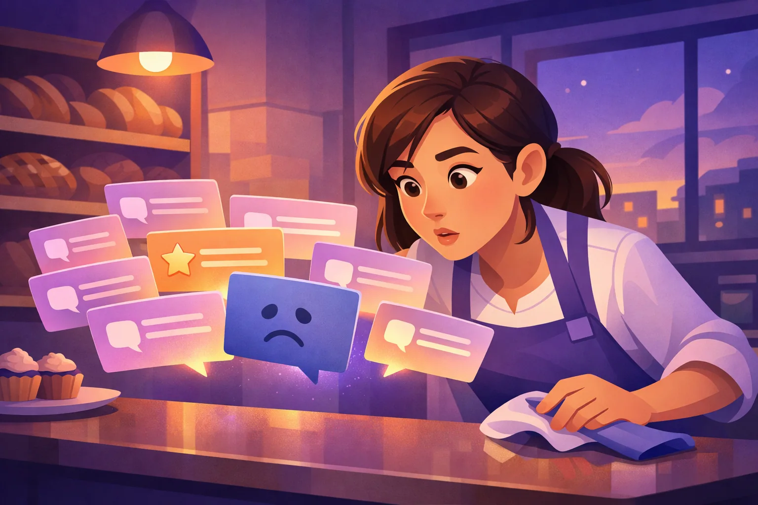 Small business owner noticing one review card cooling from warm to cold among her recent Google reviews