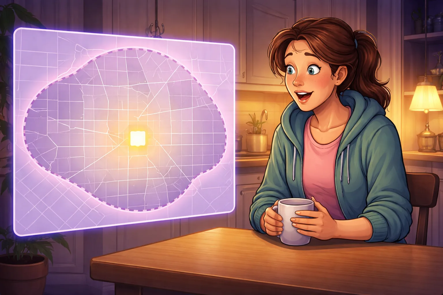 Cleaning business owner at her kitchen table at night, seeing her wide chosen service area outline while only her own street glows