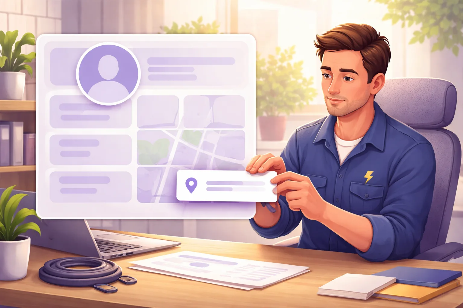 Electrician at his home desk calmly sliding the address card out of his business profile panel