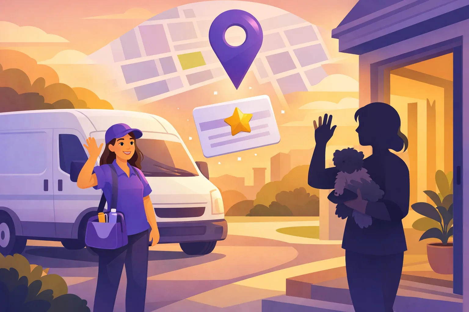 Mobile groomer finishing a job at a customer's front door as a glowing review card floats up toward a violet map pin