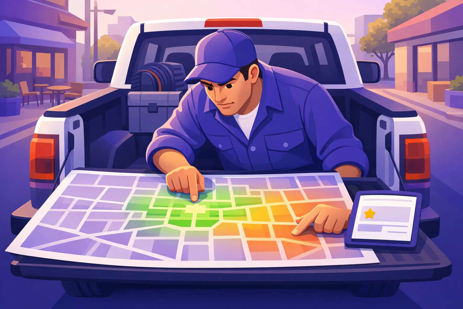 HVAC technician leaning over a neighborhood map on his truck tailgate, zones glowing green near the center and amber farther out