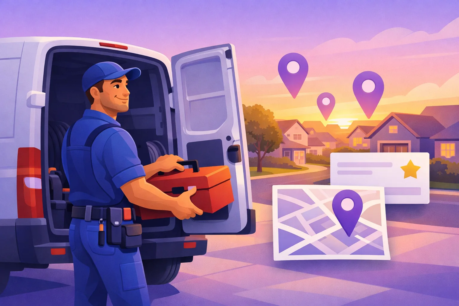 Plumber loading his van at sunrise while glowing map pins float over the distant neighborhoods he serves