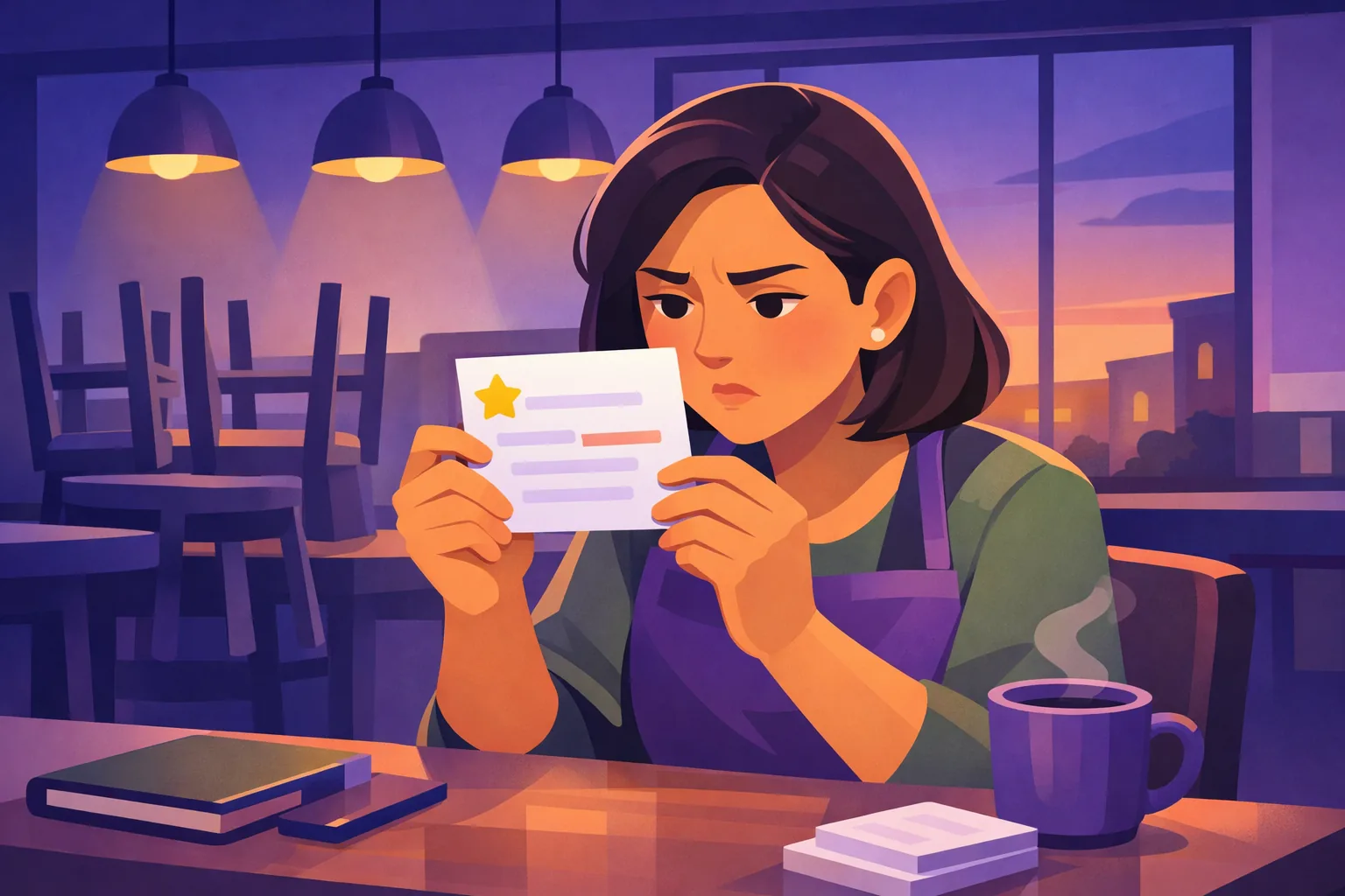 Restaurant owner reading a four star review card closely and noticing the hidden complaint inside it