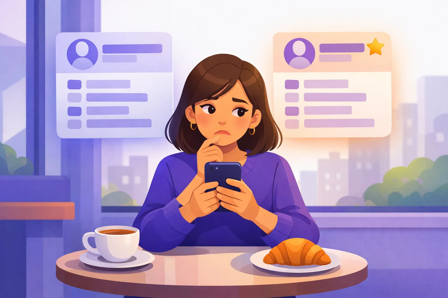Customer at a cafe table reading recent reviews on her phone and hesitating between two choices