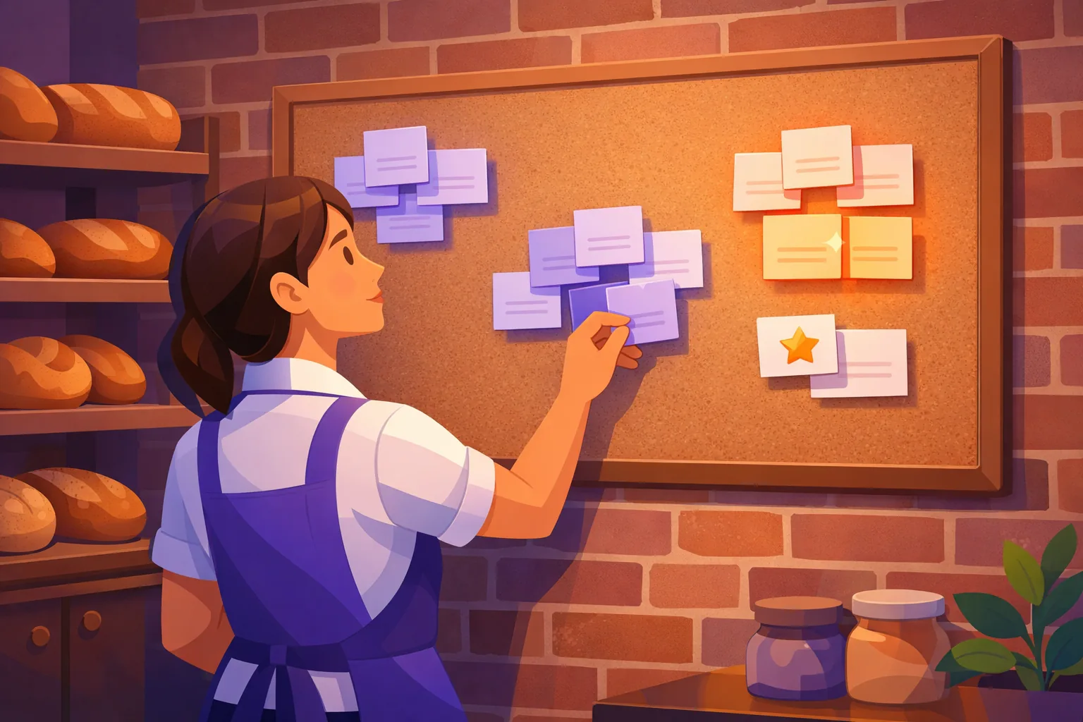 Bakery owner pinning review cards on a corkboard and noticing one small cluster glowing a warning amber
