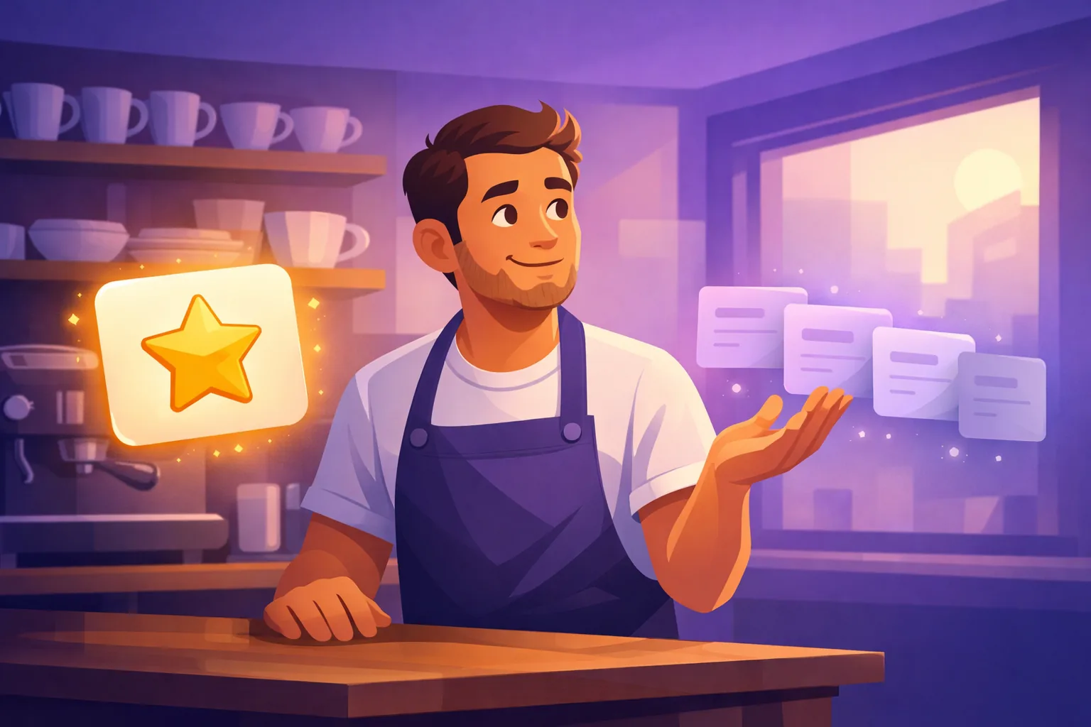 Cafe owner comparing a bright star rating badge with a row of customer review cards that are visibly cooling