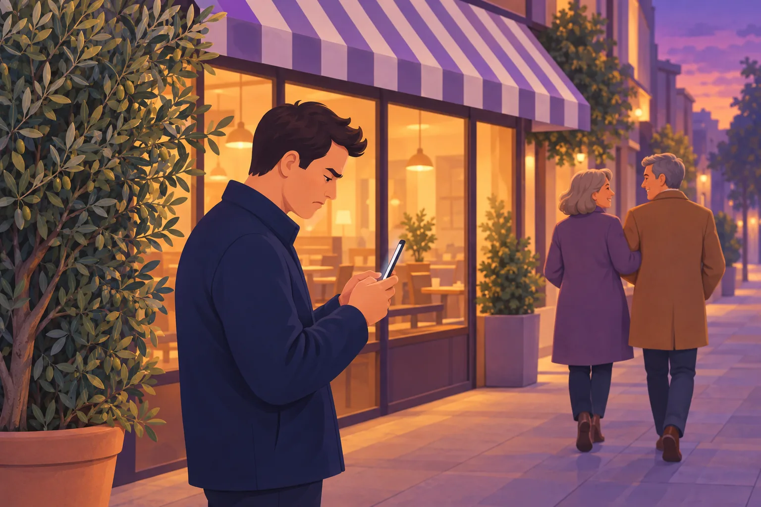 Annoyed man typing on his phone outside a restaurant at dusk while a contented couple walks away behind him with their phones put away