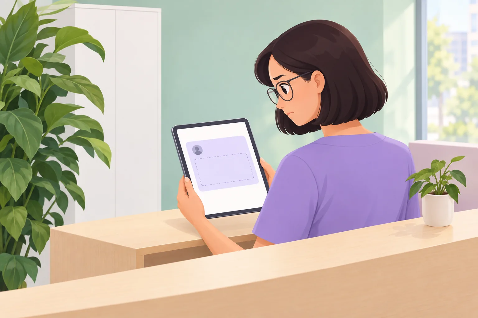Dental receptionist in plain scrubs looking puzzled at a tablet showing a review card with an avatar and a completely blank comment area