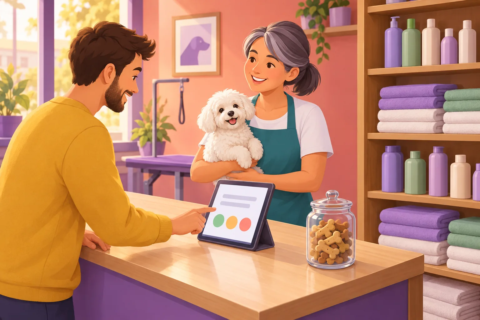 Dog groomer behind a counter holding a small dog while a customer taps one of three round coloured buttons on a small tablet stand