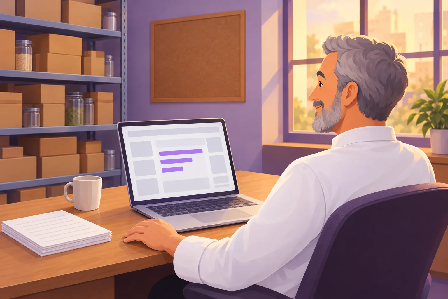 Restaurant owner at a back-office desk smiling at a laptop showing three horizontal violet bars of different lengths, a small stack of blank survey sheets beside it