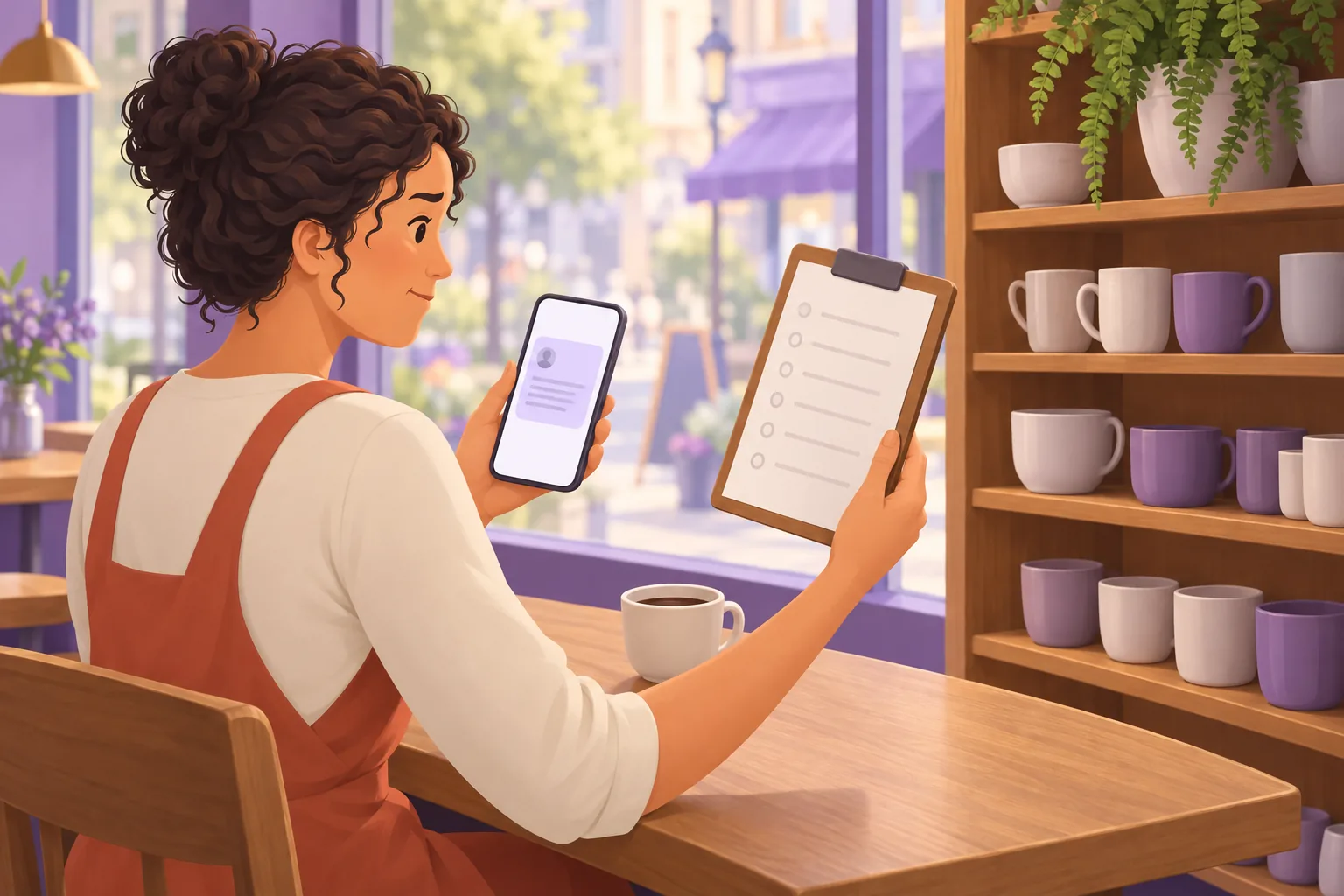 Cafe owner at a window table weighing a paper survey clipboard in one hand against a review card on her phone