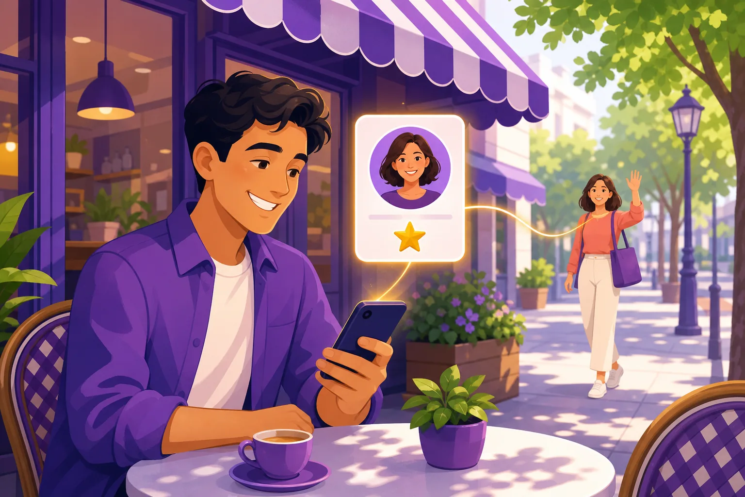 Customer at a sunny cafe table smiling at a glowing review card with a reviewer portrait and one gold star badge