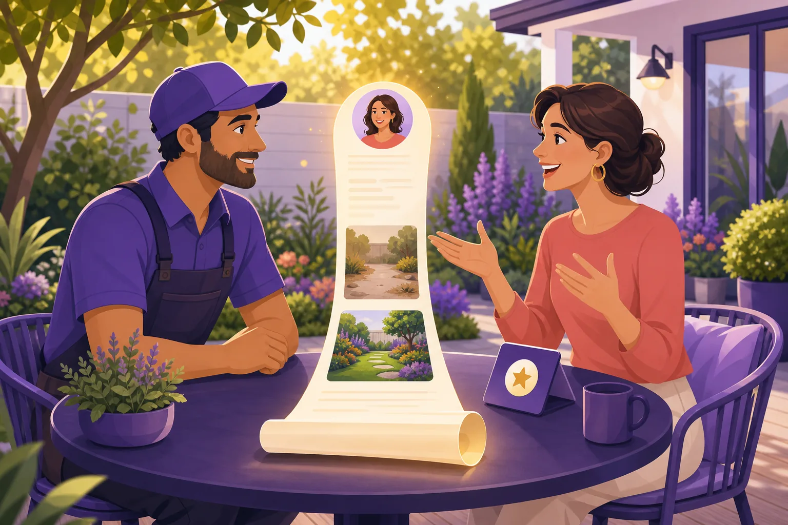 Business owner warmly interviewing a customer while a long story card unrolls like a scroll between them