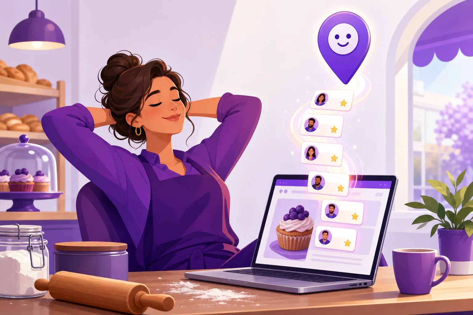 Relaxed business owner watching glowing review cards flow from a floating map pin into the website layout on her laptop