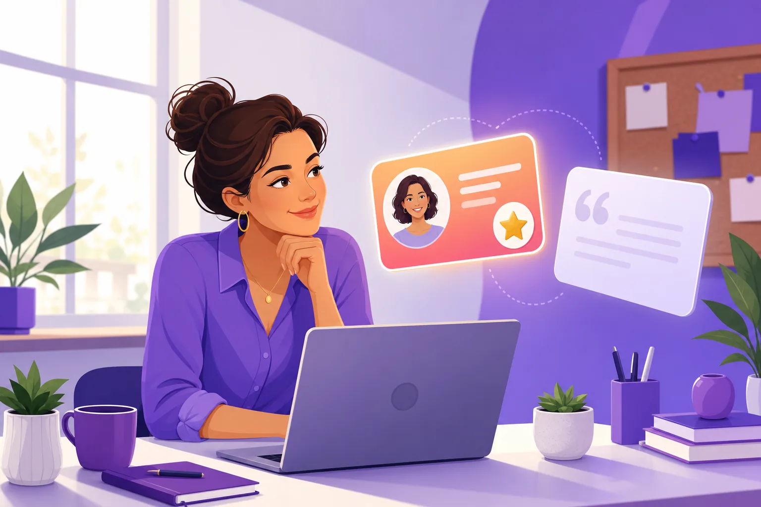 Business owner comparing a faded testimonial quote card with a vivid Google review card at her desk