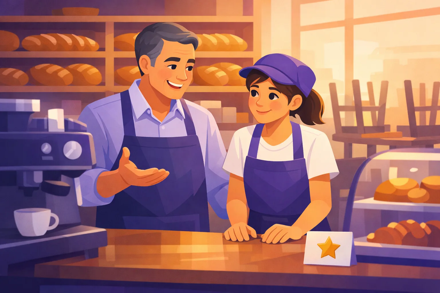 Manager warmly coaching a young bakery employee behind the counter before opening