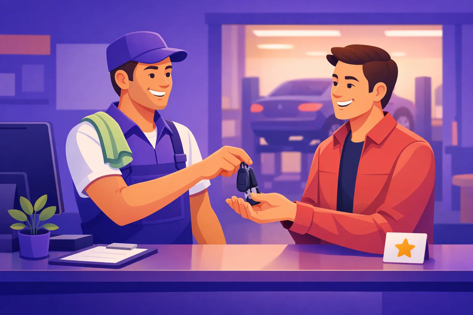 Auto mechanic handing car keys back to a relieved customer at the service counter