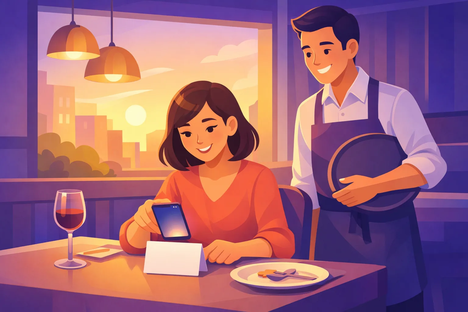 Restaurant guest happily scanning a small table card with her phone while the server smiles