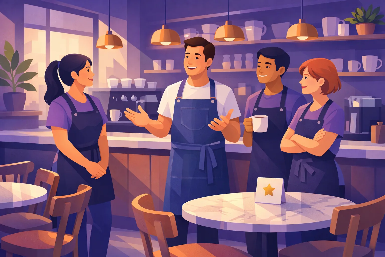 Owner leading a relaxed morning huddle with three staff in aprons in a sunlit cafe