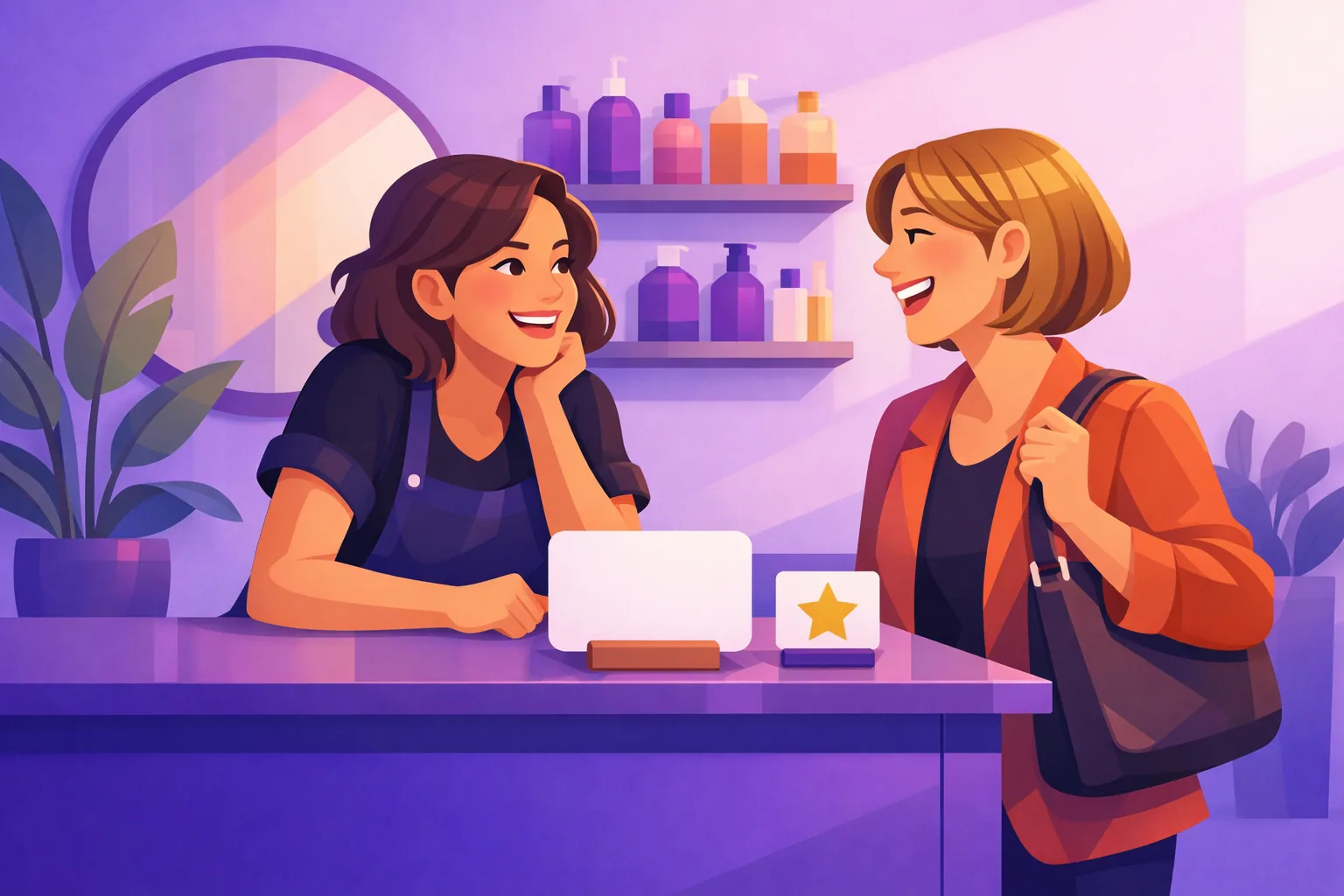 Smiling salon stylist warmly asking a happy client for a review at the checkout counter