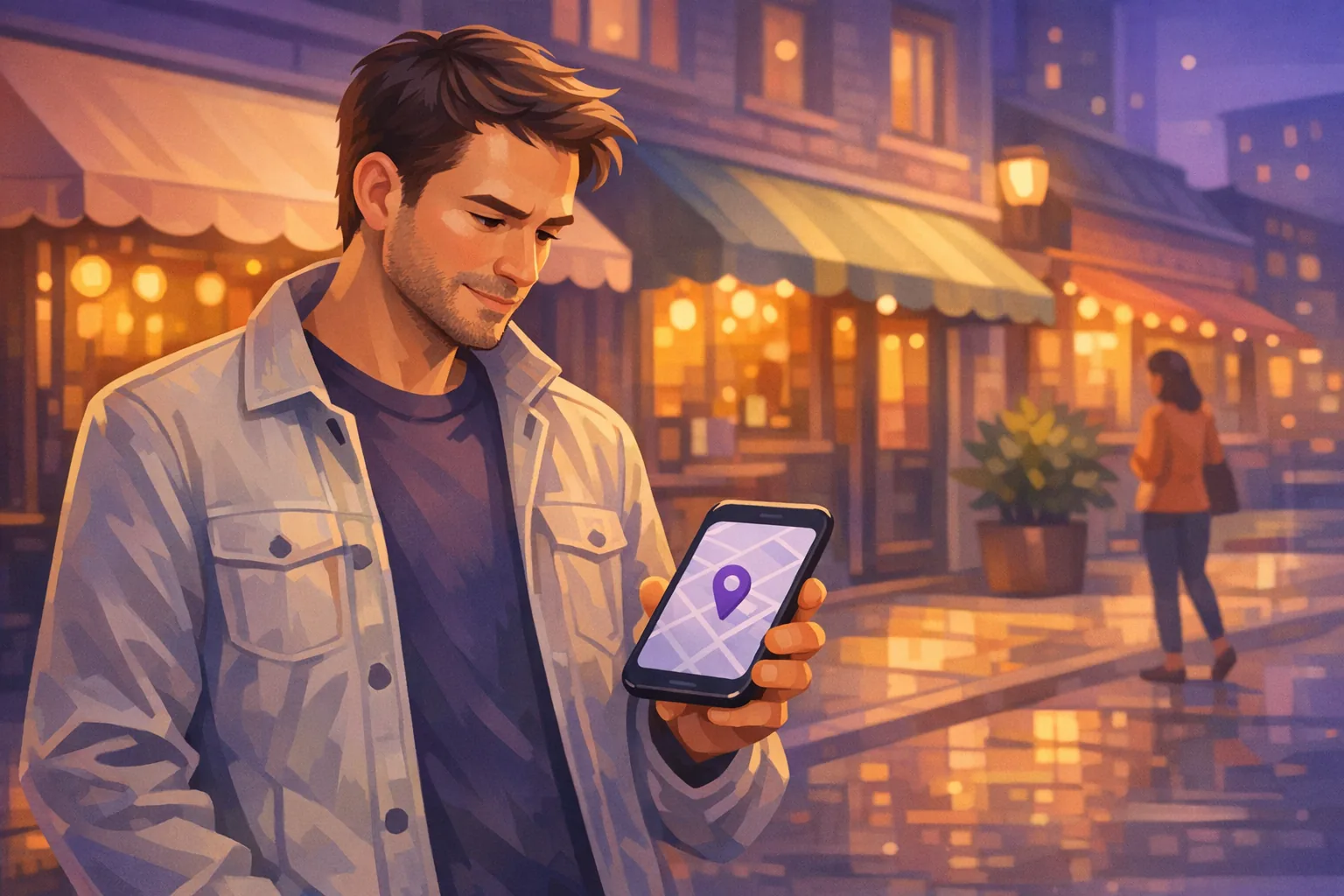 Man on a city sidewalk at dusk checking a map on his phone, warm restaurant storefronts glowing behind him