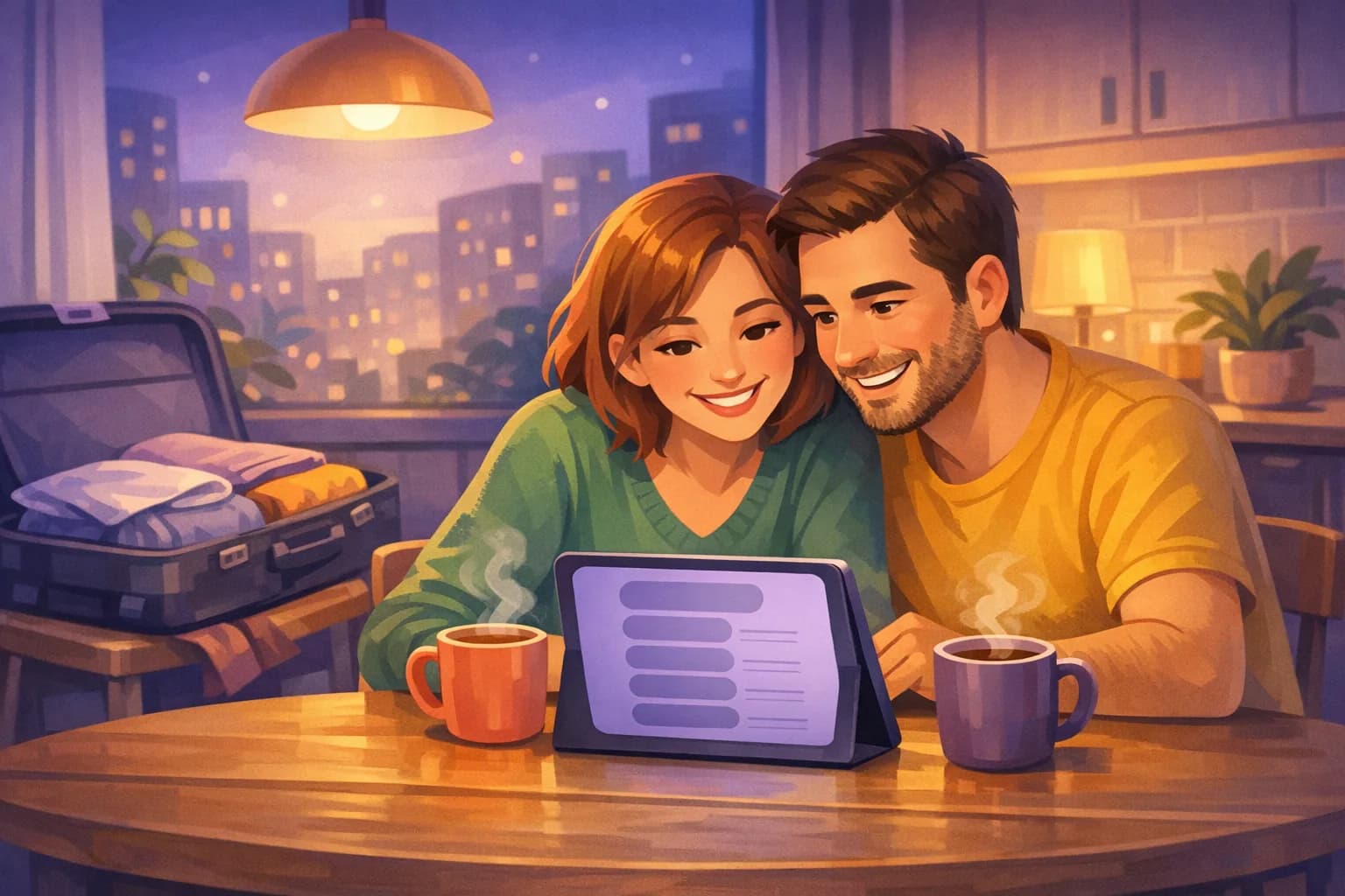 Couple at a kitchen table planning a trip on a tablet, an open suitcase on the chair beside them